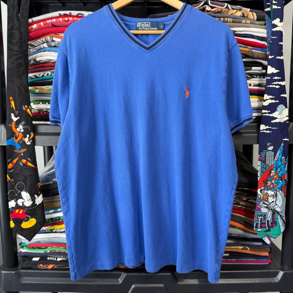 90s Blue Polo Ralph Lauren V-Neck T-Shirt Large